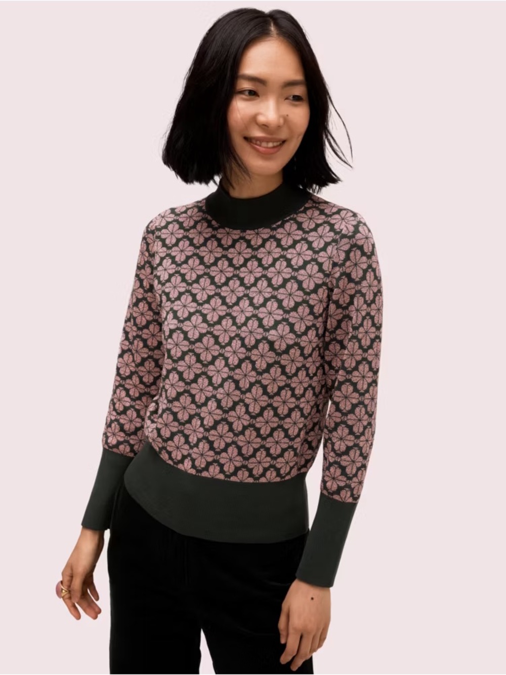 Kate Spade Metallic Floral Shimmer Mock Neck Sweater Pink Black XS